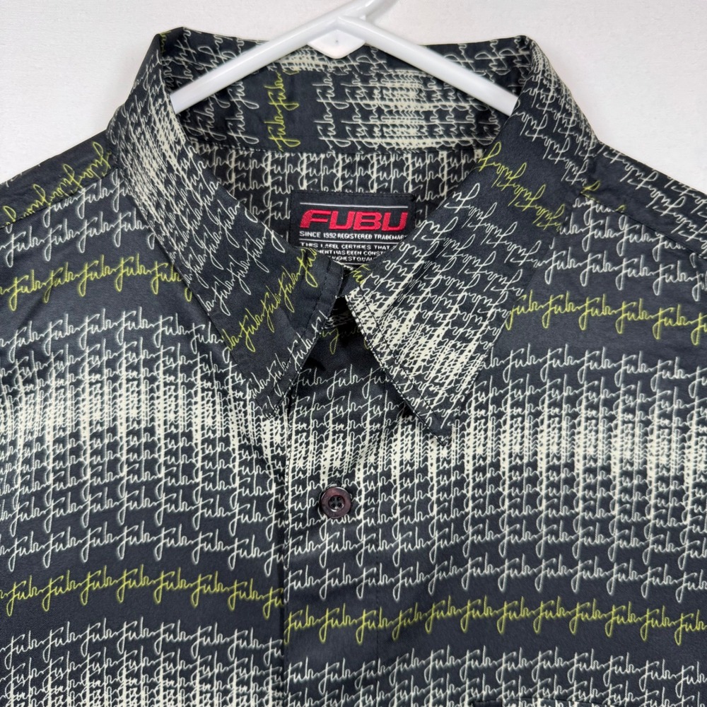 FUBU XXL‎ Black Pattern Short Sleeve Button Up Shirt Hip Hop Streetwear Y2K